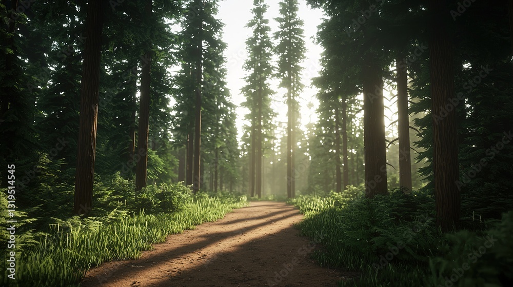 Fototapeta premium Exploring a serene forest trail bathed in sunlight nature landscape peaceful environment scenic view