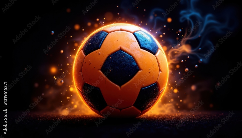 Fototapeta premium A striking 3D illustration of an orange and black soccer ball, illuminated by vibrant orange and blue lighting against a dark background