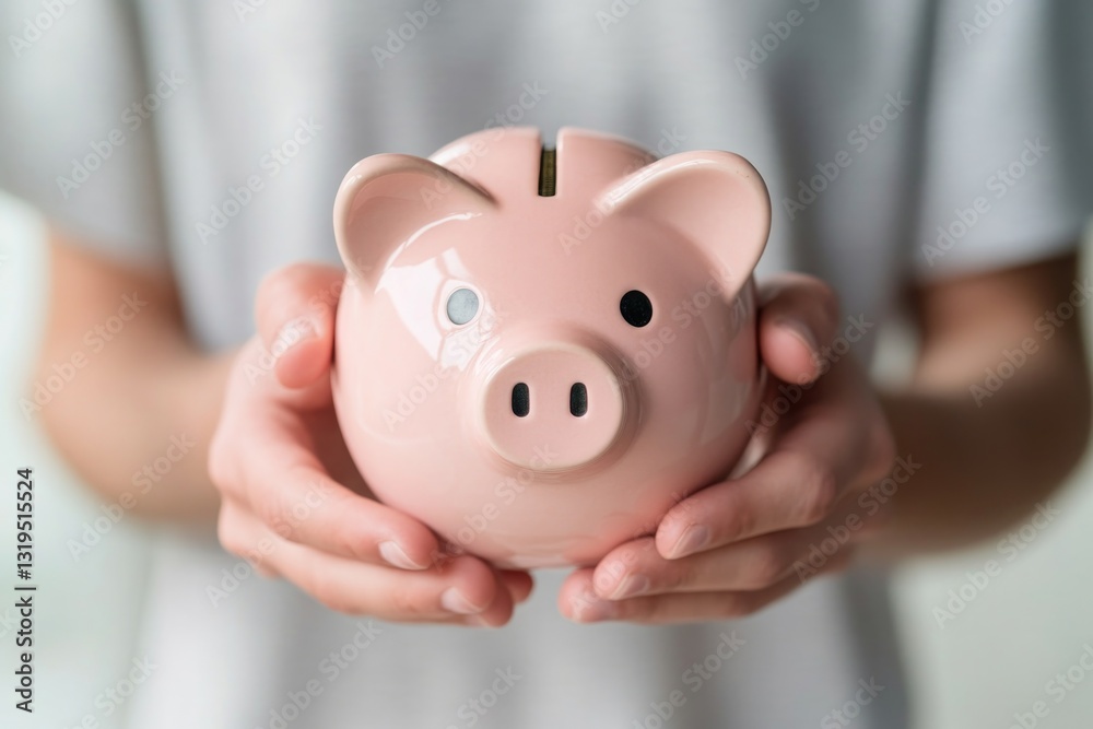 person with focused gaze holding piggy bank under soft natural light symbolizing importance of saving for future set person with focused gaze holding piggy bank under soft natural light symbolizing importance of saving for future set
