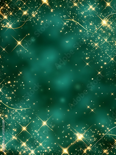 Festive teal background with golden sparkles