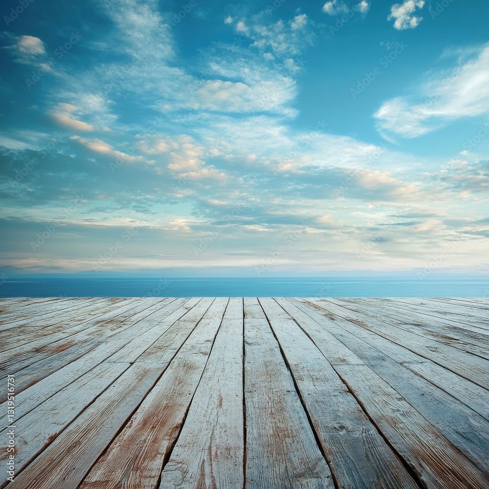 serene wooden deck overlooking calm sea under blue sky with clouds. tranquil atmosphere invites relaxation and reflection serene wooden deck overlooking calm sea under blue sky with clouds. tranquil atmosphere invites relaxation and reflection