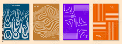 Lines wave cover design background set. Cover card. Minimalist abstract geometric shapes compositions. Banner, cover, card, wallpaper, decoration, poster, brochure, leaflet, social media, ad