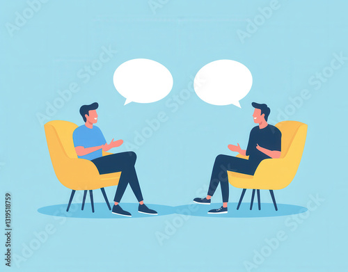 Two people sitting in yellow chairs having conversation with speech bubbles. scene conveys friendly and engaging atmosphere