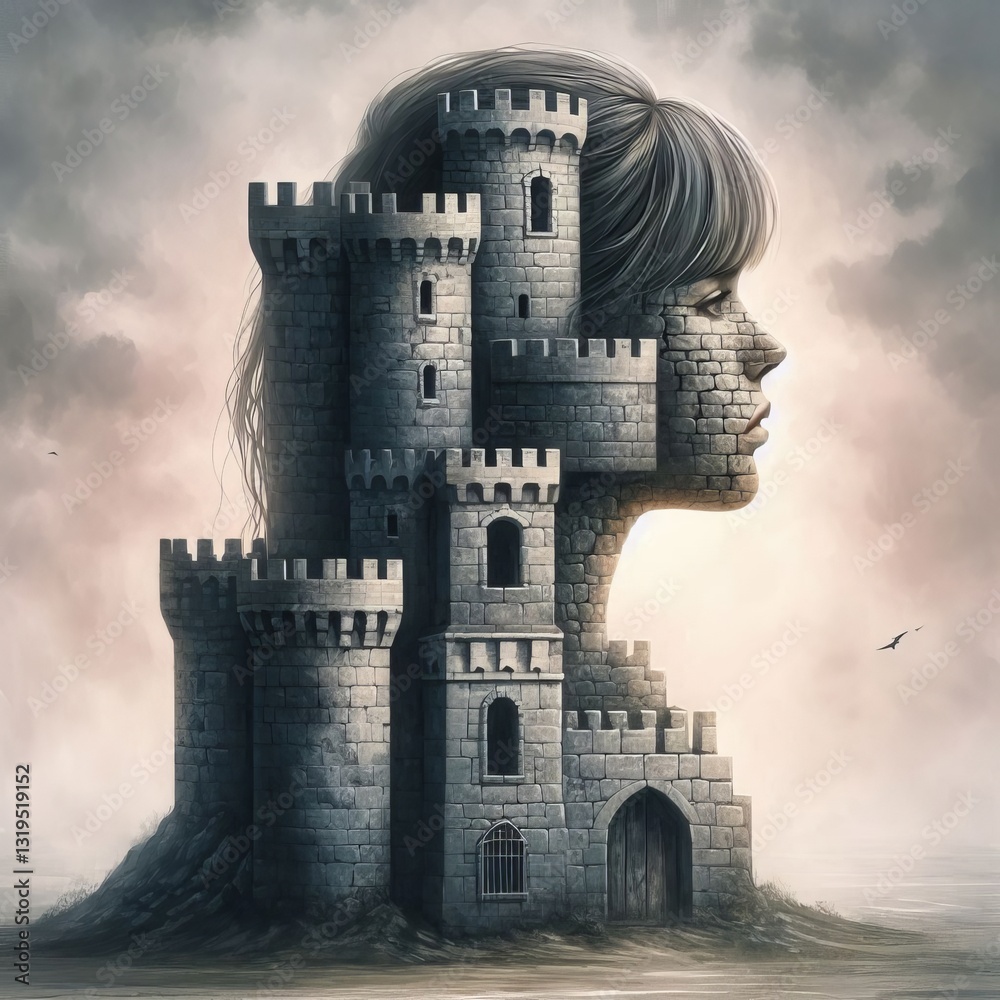 Fototapeta premium Inner Fortress: Metaphorical Girl Portrait Castle 