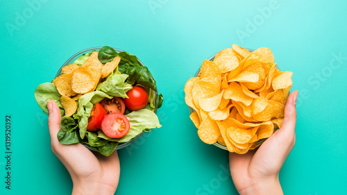 healthy and unhealthy food, healthy eating. vegetables and chips