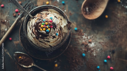 Indulge in a rich, decadent ice cream sundae, a tempting treat with swirls of chocolate, colorful sprinkles, nestled in a rustic bowl and spoon