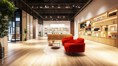 A contemporary, spacious interior with wooden flooring and bright lighting. Featuring an inviting seating area with plush red armchairs