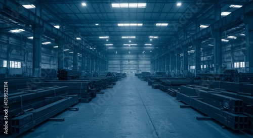 Steel Pipes in Large Warehouse Structure Interior Showing Production and Storage