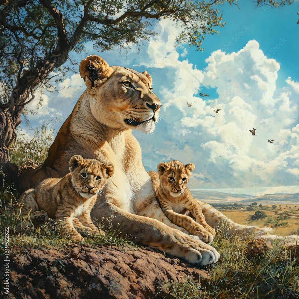Fototapeta premium Lioness and cubs relaxing in the savanna wildlife photography african landscape natural habitat close-up view