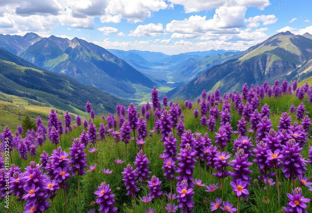 Vibrant purple wildflowers carpet foreground, majestic mountains and valley stretch beyond, colorful, summer Vibrant purple wildflowers carpet foreground, majestic mountains and valley stretch beyond, colorful, summer