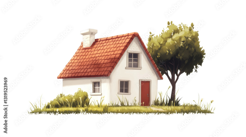 A small charming house with a red roof isolated on white background A small charming house with a red roof isolated on white background