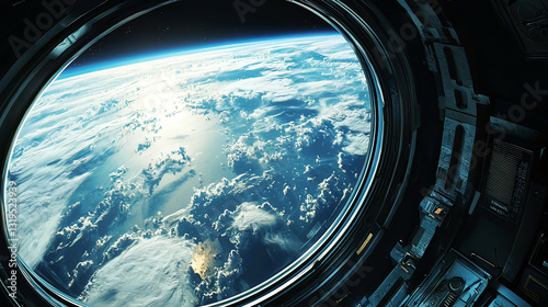 View of Earth’s horizon from a futuristic space pod window, highly detailed atmosphere and clouds