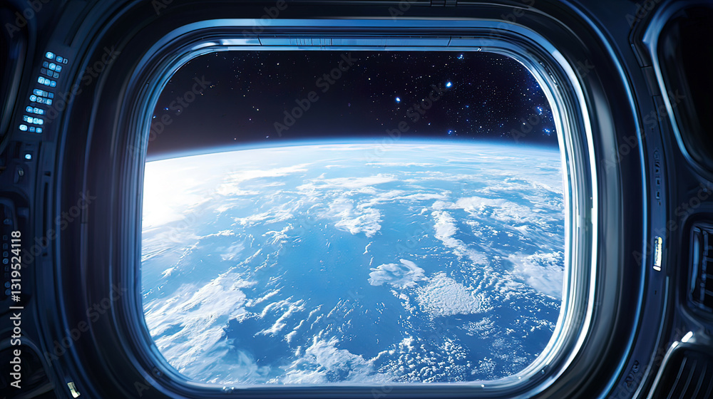 View of Earth’s horizon from a futuristic space shuttle window, highly detailed atmosphere View of Earth’s horizon from a futuristic space shuttle window, highly detailed atmosphere