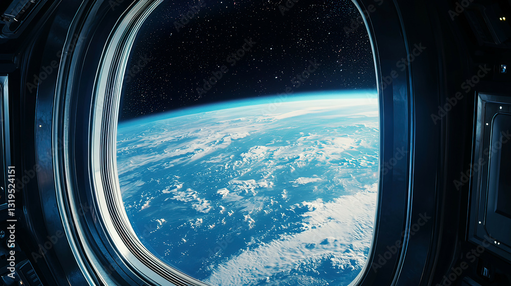 View of Earth’s horizon from a futuristic space shuttle window, highly detailed atmosphere View of Earth’s horizon from a futuristic space shuttle window, highly detailed atmosphere