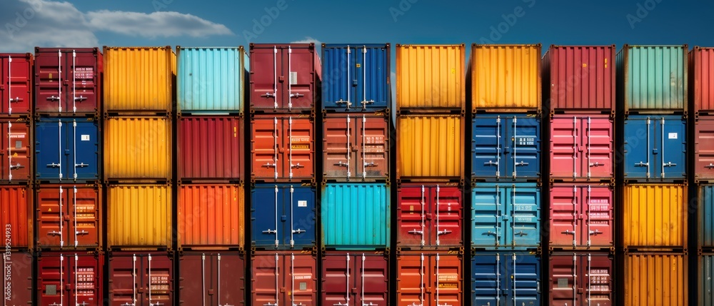 Fototapeta premium Stacked Shipping Cargo Freight Container. Stacked Cargo Shipping Containers Global Trade Logistics. Stack of Cargo Containers. Global Cargo import and Export Logistics Concept with Copy Space. 