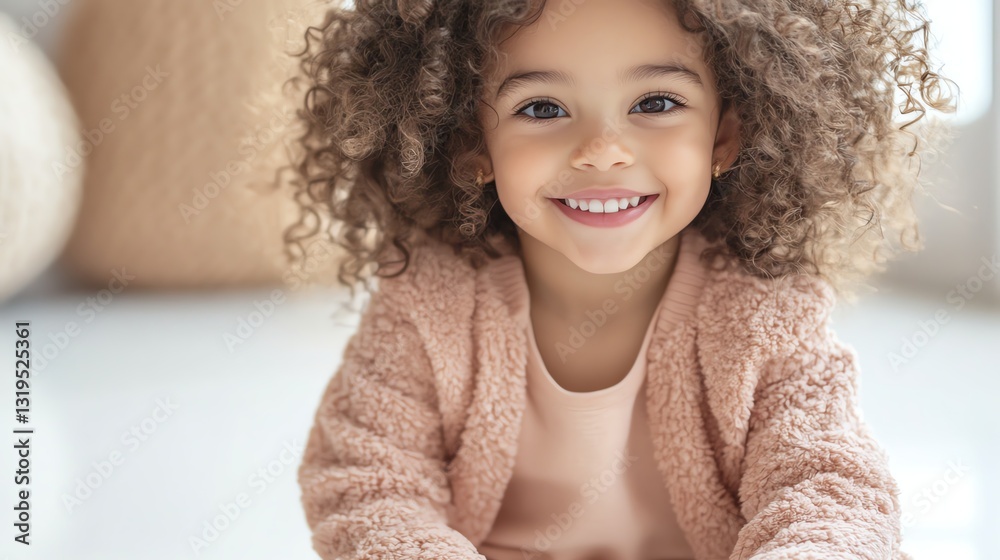 Cute child smiling brightly in pastel outfit, sitting on a clean white floor, advocating for clean drinking water to prevent infections. Cute child smiling brightly in pastel outfit, sitting on a clean white floor, advocating for clean drinking water to prevent infections.