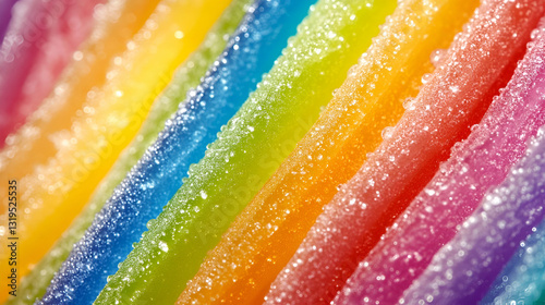 Colorful rainbow candy sticks glistening with sugar crystals, creating a vibrant and tempting display.