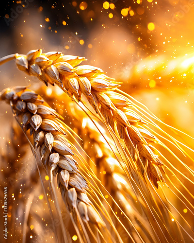 Golden wheat stalks illuminated by warm light with bokeh effect