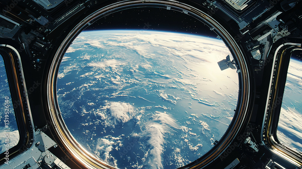 View of Earth’s horizon from the observation deck of a space station, highly detailed View of Earth’s horizon from the observation deck of a space station, highly detailed