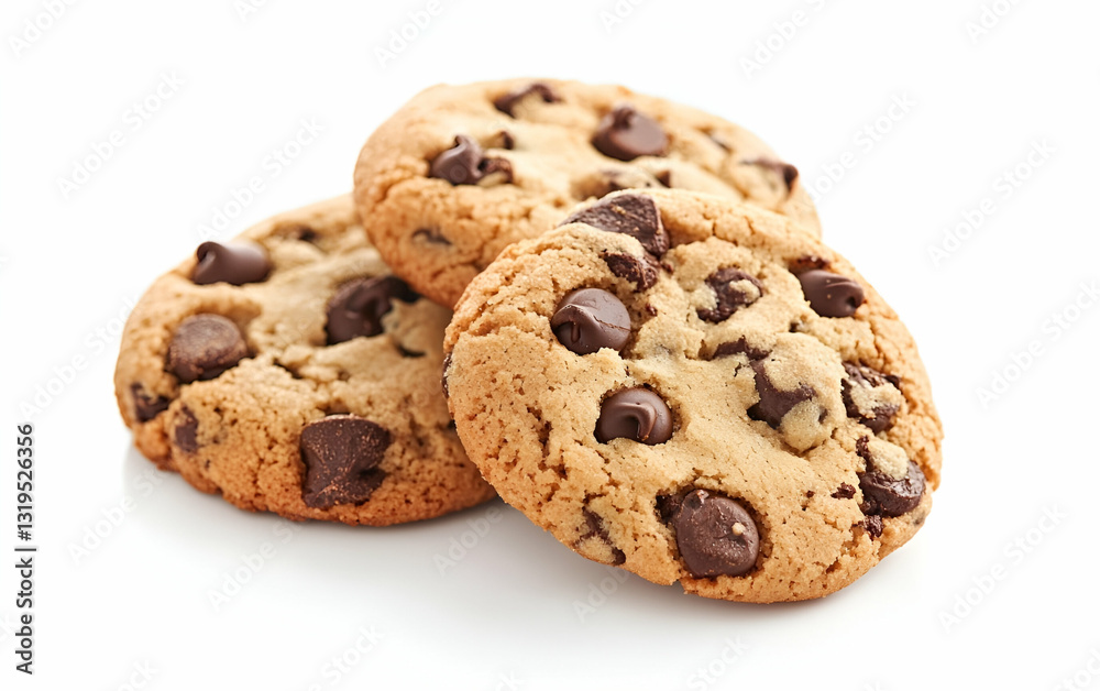 Delicious chocolate chip cookies stacked on a white background, perfect for dessert or snack time. Delicious chocolate chip cookies stacked on a white background, perfect for dessert or snack time.