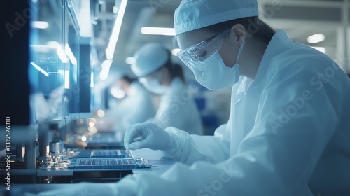 Employees are calibrating photolithography machines to maintain accuracy in chip designs.