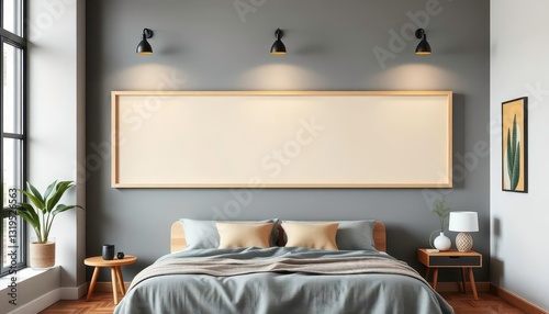 Wallpaper Mural Wide horizontal light wood framed artwork mockup on gray loft bedroom wall, display, grey Torontodigital.ca