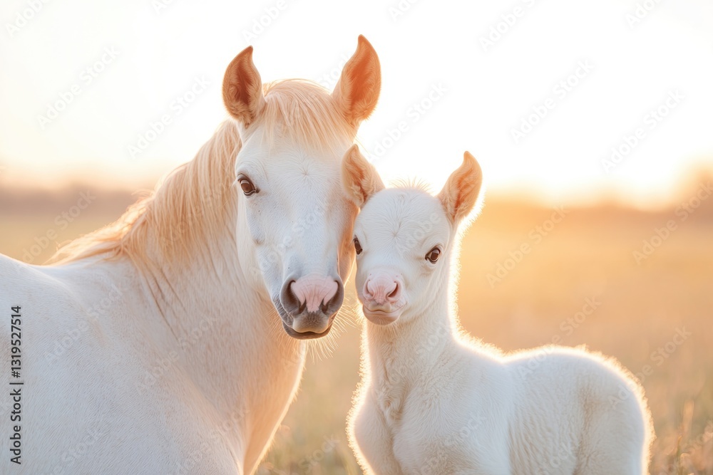 Fototapeta premium vibrant shot of foal leaning against its mare in open field sunlight filtering through scene to create warm and inviting