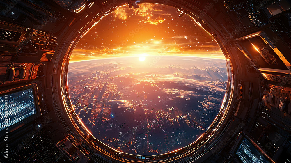 View of Earth’s sunrise from the observation deck of a futuristic space station, hyper-realistic