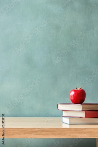 warmly lit classroom scene with empty chalkboard on one side wooden teacher desk neatly organized with red and stack