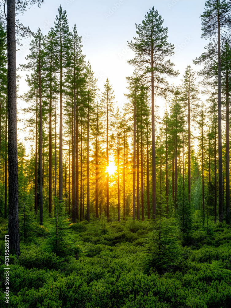 Fototapeta premium Golden sunset through a pine forest