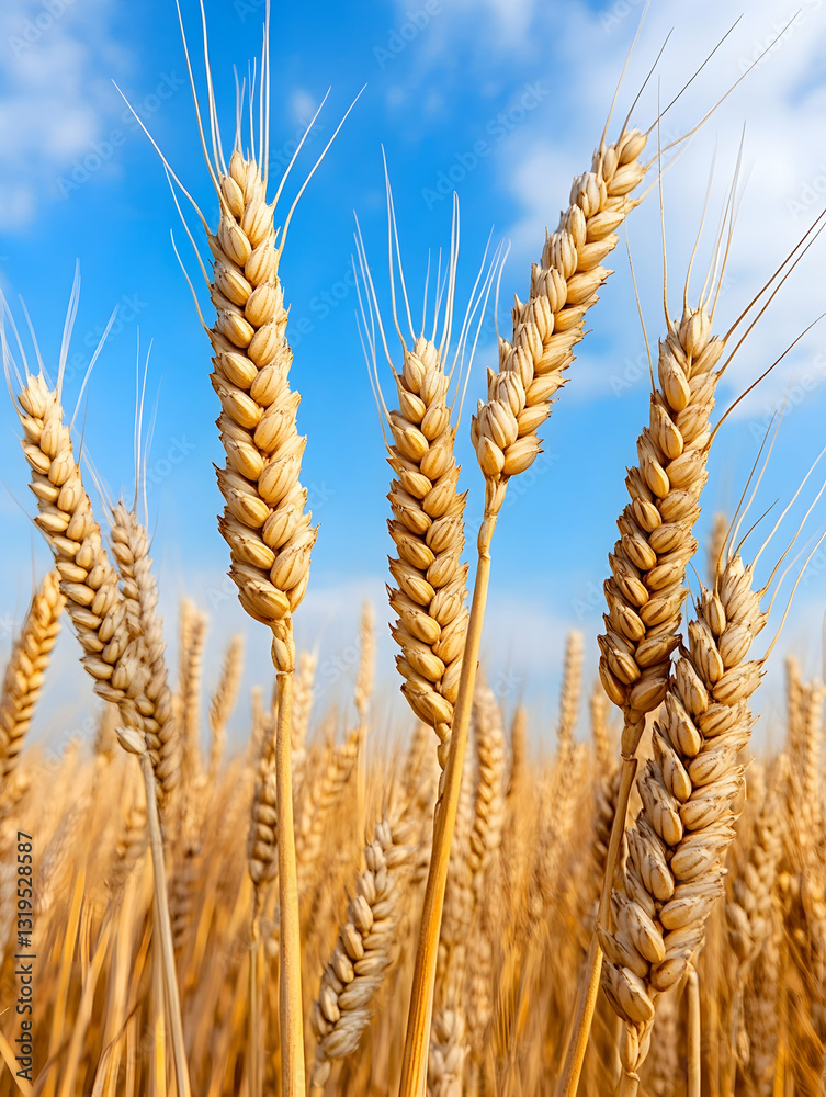 Golden wheat stalks against a vibrant blue sky Golden wheat stalks against a vibrant blue sky