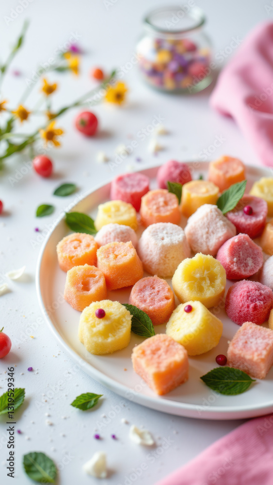 A colorful plate filled with a variety of dye-free gummy candy on a white surface with edible flowers around it. A colorful plate filled with a variety of dye-free gummy candy on a white surface with edible flowers around it.