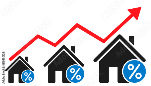 Houses with arrow up, real estate investment, house prices rising concept, high demand for real estate, housing boom, property market growing