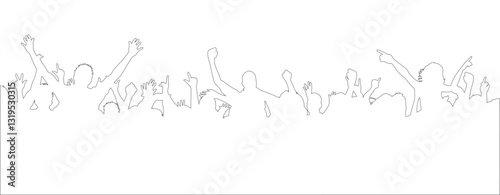 Contour of cheerful crowd people, crowd of people silhouette, happy young group party people together, cheerful fans, cheering crowd on concert or sport event