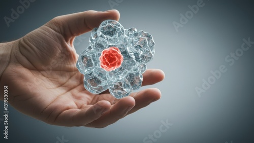 Male hand holds 3D molecular structure demonstrating science and technology themes with abstract creativity