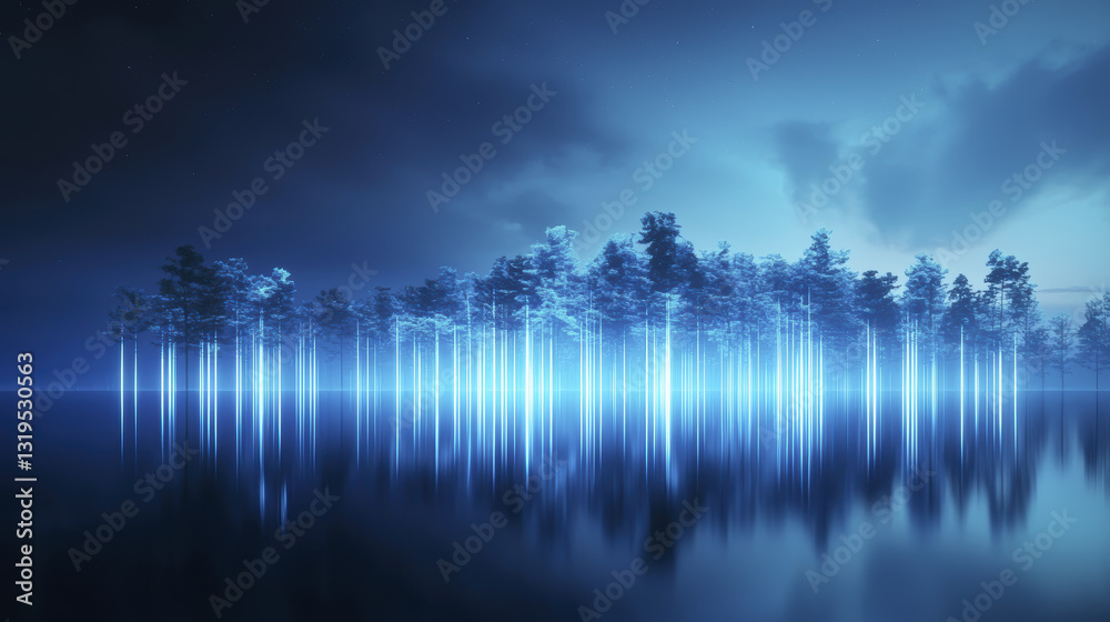 Fototapeta premium serene floating forest illuminated by blue light, reflecting on water