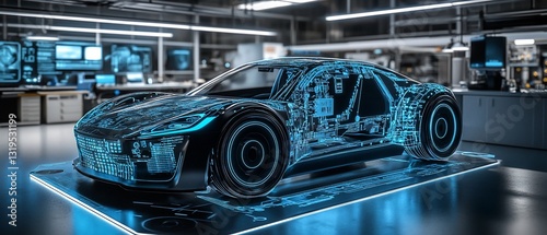 Futuristic car's cutaway model in a tech lab