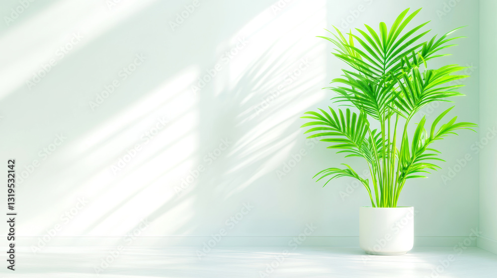 Vibrant indoor potted plant casting soft shadows in minimalist bright room with natural light ambiance Vibrant indoor potted plant casting soft shadows in minimalist bright room with natural light ambiance