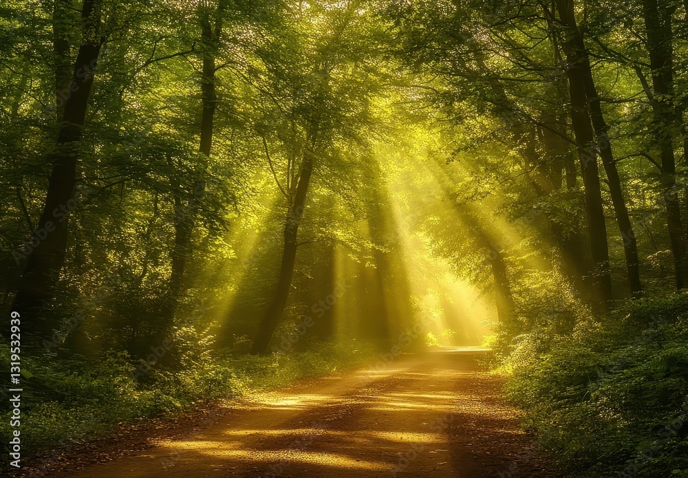 Fototapeta premium Serene forest scene with sun rays streaming through dense trees creating a magical atmosphere on a peaceful dirt path in a tranquil environment