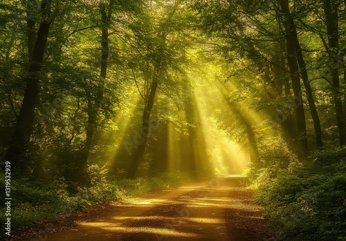 Serene forest scene with sun rays streaming through dense trees creating a magical atmosphere on a peaceful dirt path in a tranquil environment