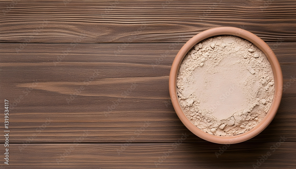 Light beige powder in a round bowl on a wooden surface