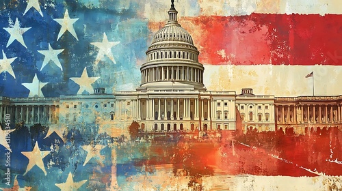 US Capitol building superimposed on an American flag with a grunge effect.