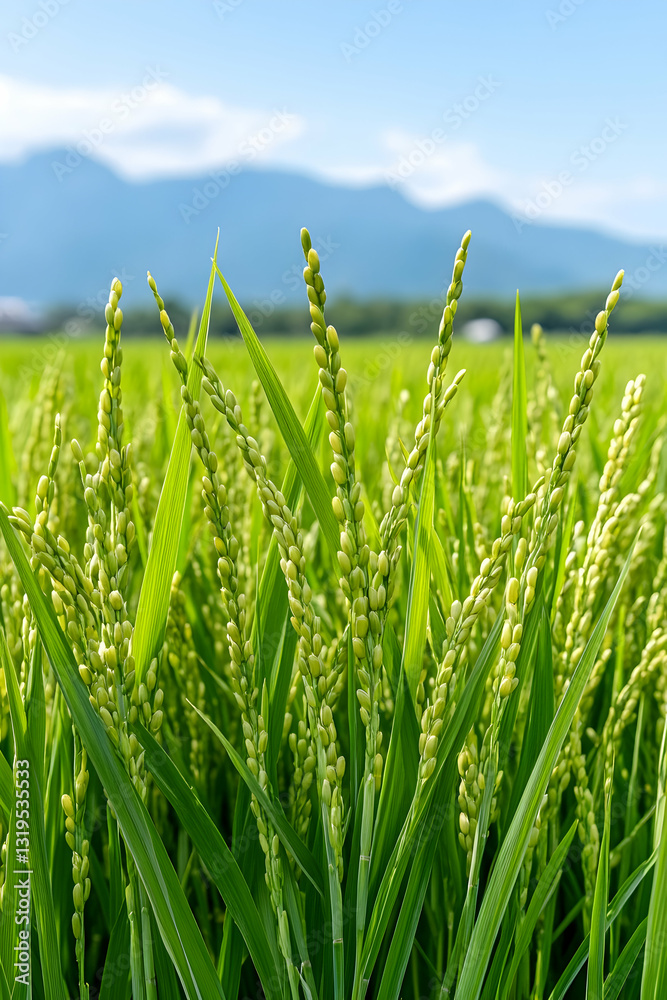 Fototapeta premium Lush green rice paddy field in bloom