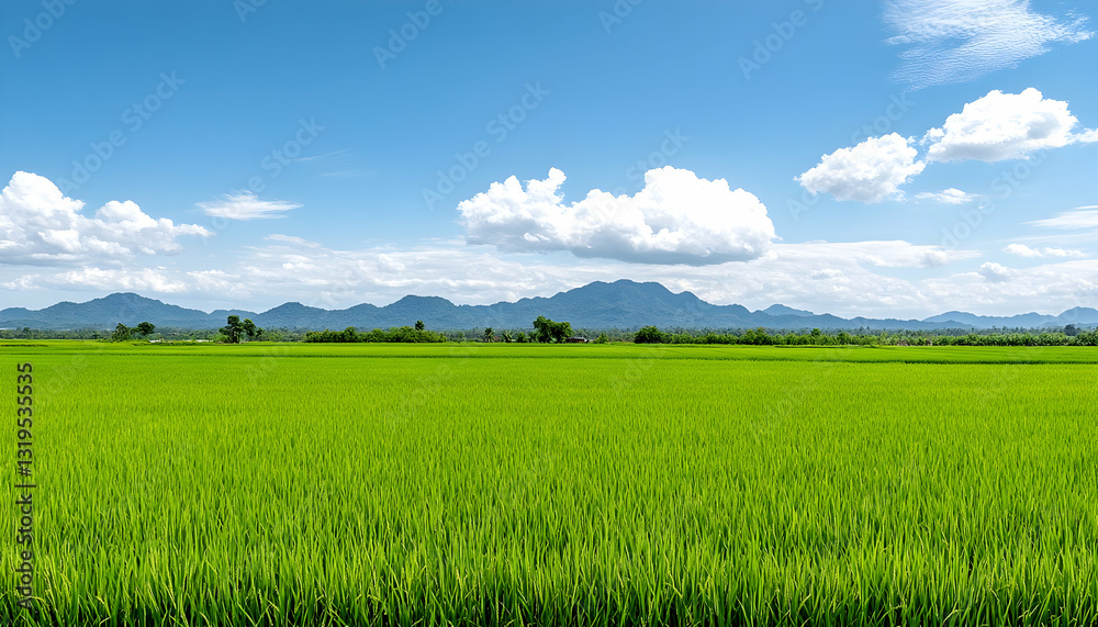 Lush green rice paddy field stretching to distant mountains under a vibrant blue sky Lush green rice paddy field stretching to distant mountains under a vibrant blue sky