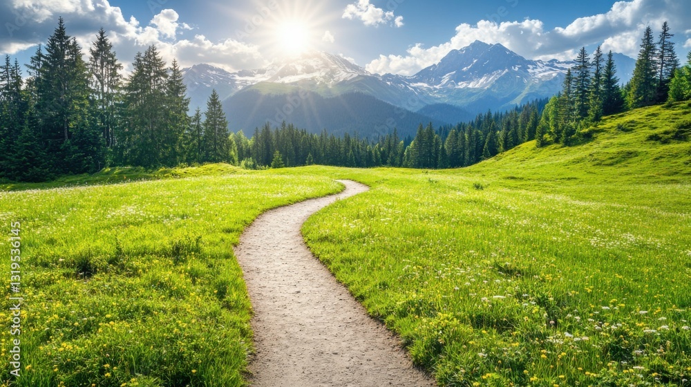 Fototapeta premium Serene Mountain Landscape with Pathway Through Lush Meadow