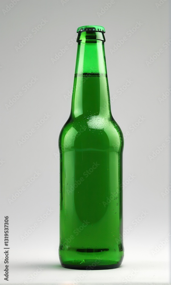 Green Glass Beer Bottle with Condensation on White Background Green Glass Beer Bottle with Condensation on White Background