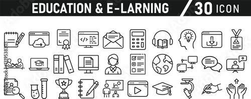 Education and E-Learning icon set. Tuition, e-learning, Batch, educational tools, and digital education icons. Solid icon collection.
