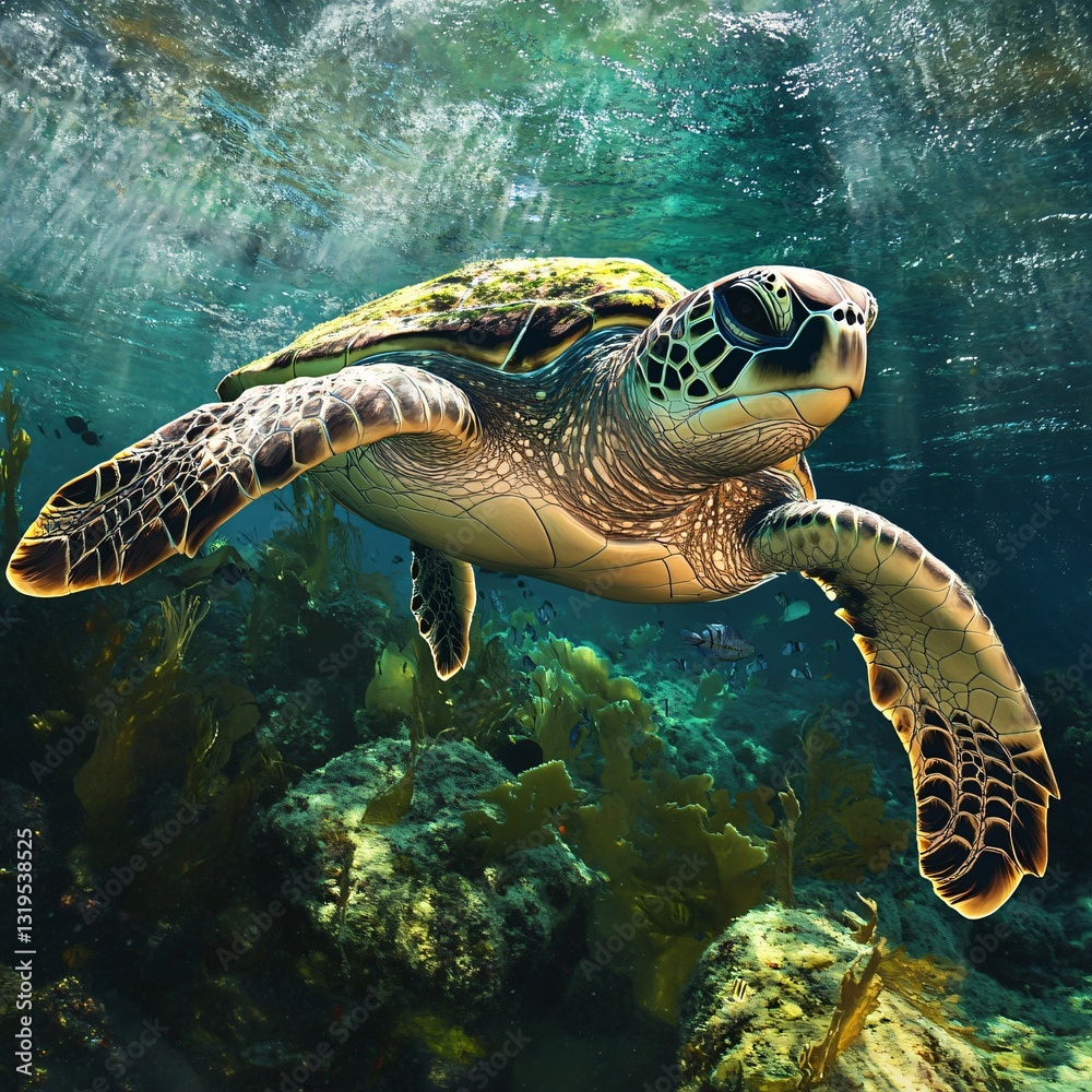 Obraz premium Graceful sea turtle swimming through coral reef underwater wildlife photography vibrant marine environment close-up ocean conservation