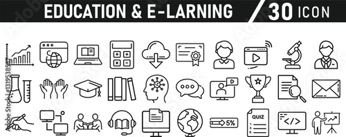 Education and E-Learning icon set. Tuition, e-learning, Batch, educational tools, and digital education icons. Solid icon collection.