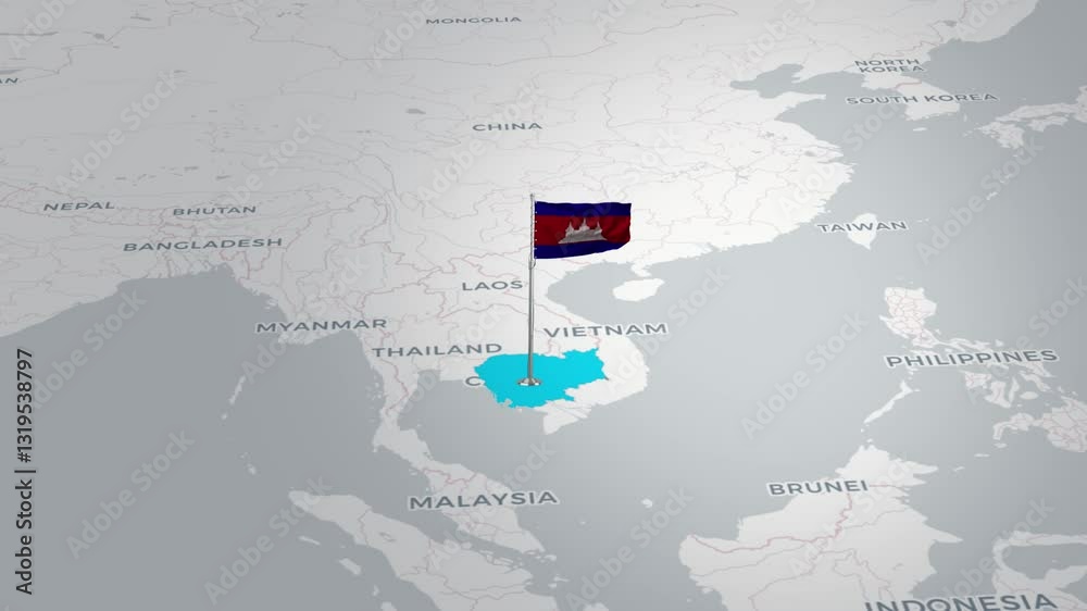Cambodia map animation. The Cambodia flag flies majestically over a detailed Liberia map.